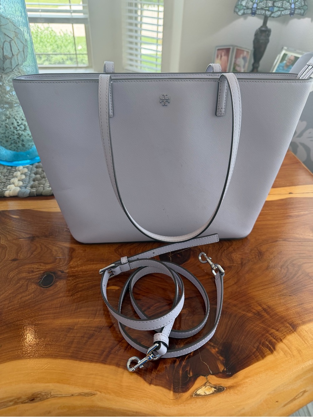 Tory Burch Lavender Saffiano Leather Tote with Removable Strap